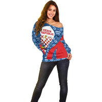 Czech Republic Off Shoulder Sweater with Blue Red Folk Pattern Design and National Lion Emblem - Wonder Print Shop