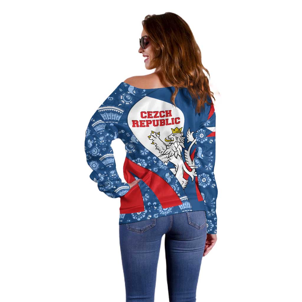 Czech Republic Off Shoulder Sweater with Blue Red Folk Pattern Design and National Lion Emblem - Wonder Print Shop