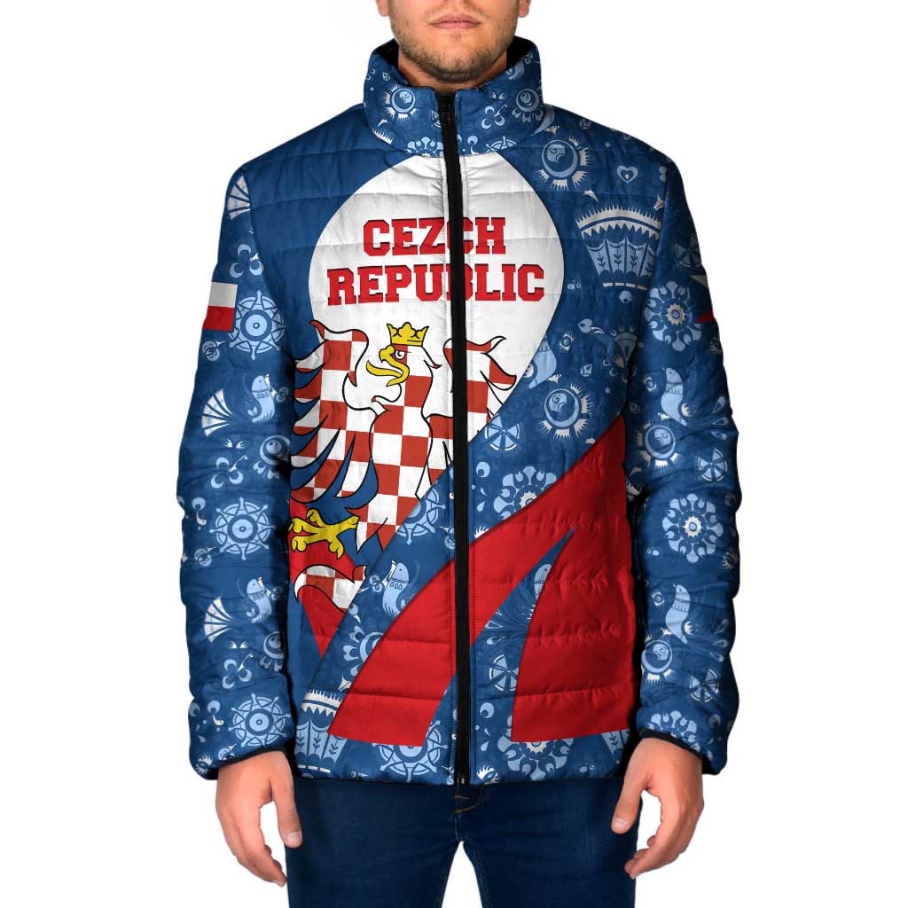 Czech Republic Padded Jacket with Blue Red Folk Pattern Design and National Lion Emblem - Wonder Print Shop