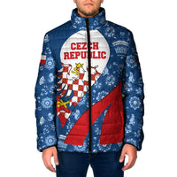 Czech Republic Padded Jacket with Blue Red Folk Pattern Design and National Lion Emblem - Wonder Print Shop