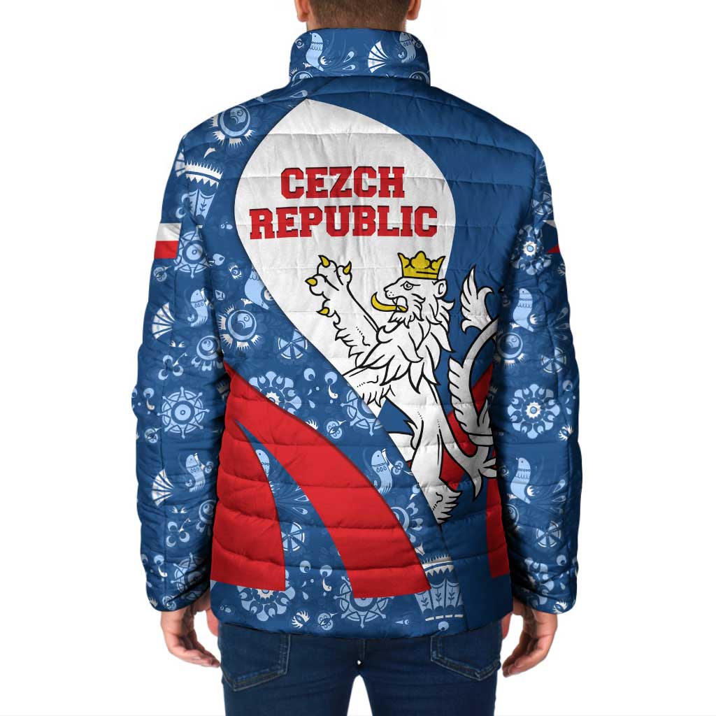 Czech Republic Padded Jacket with Blue Red Folk Pattern Design and National Lion Emblem - Wonder Print Shop