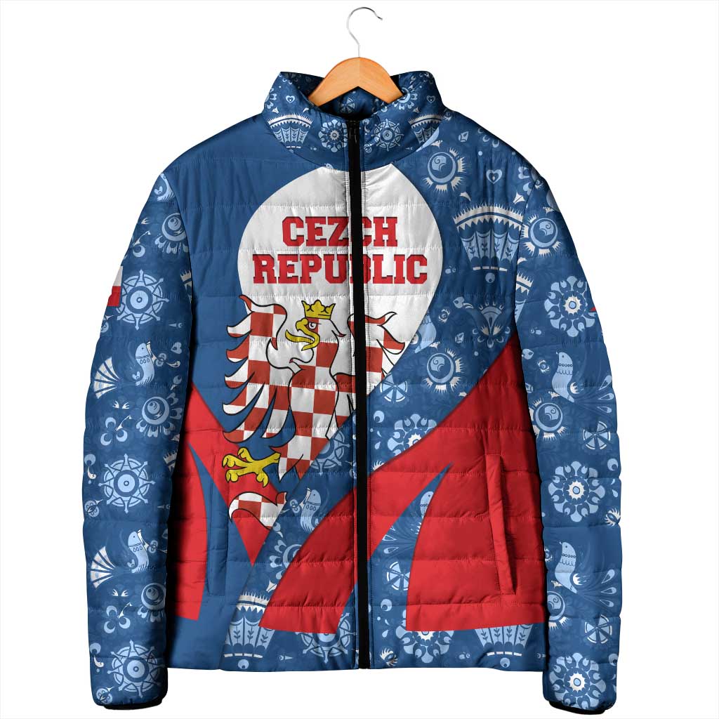 Czech Republic Padded Jacket with Blue Red Folk Pattern Design and National Lion Emblem - Wonder Print Shop