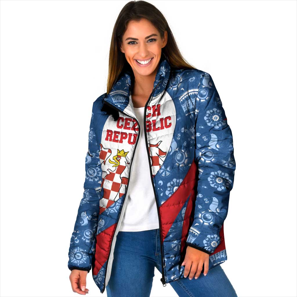 Czech Republic Padded Jacket with Blue Red Folk Pattern Design and National Lion Emblem - Wonder Print Shop