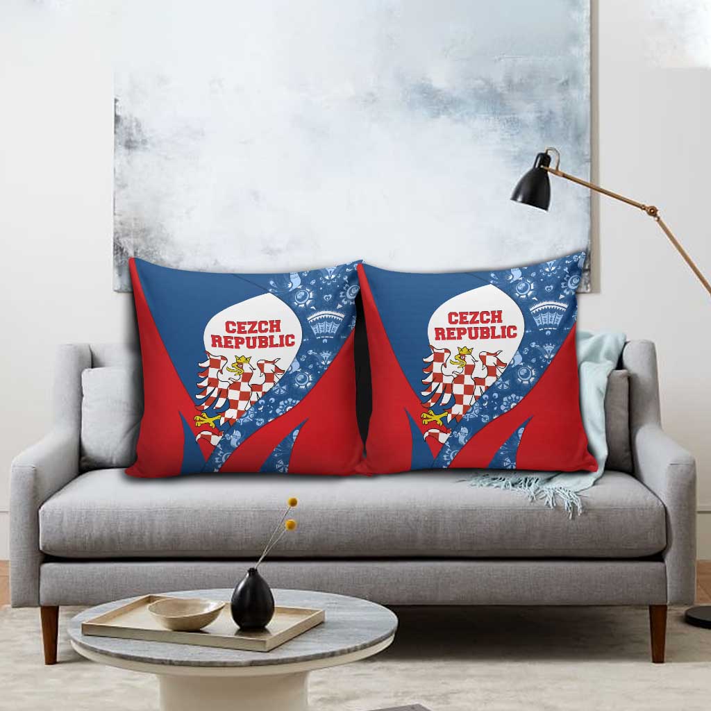 Czech Republic Pillow Cover with Blue Red Folk Pattern Design and National Lion Emblem - Wonder Print Shop