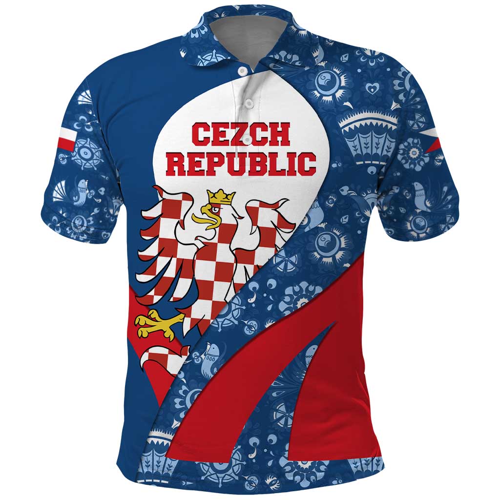 Czech Republic Polo Shirt with Blue Red Folk Pattern Design and National Lion Emblem - Wonder Print Shop