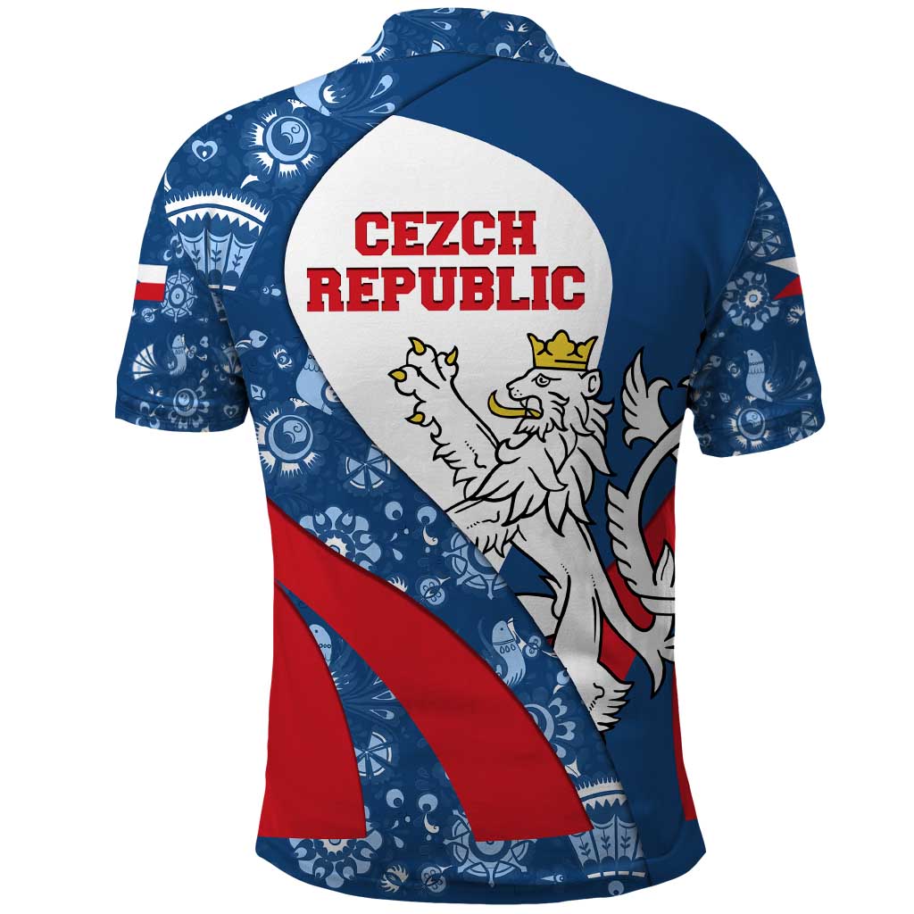 Czech Republic Polo Shirt with Blue Red Folk Pattern Design and National Lion Emblem - Wonder Print Shop
