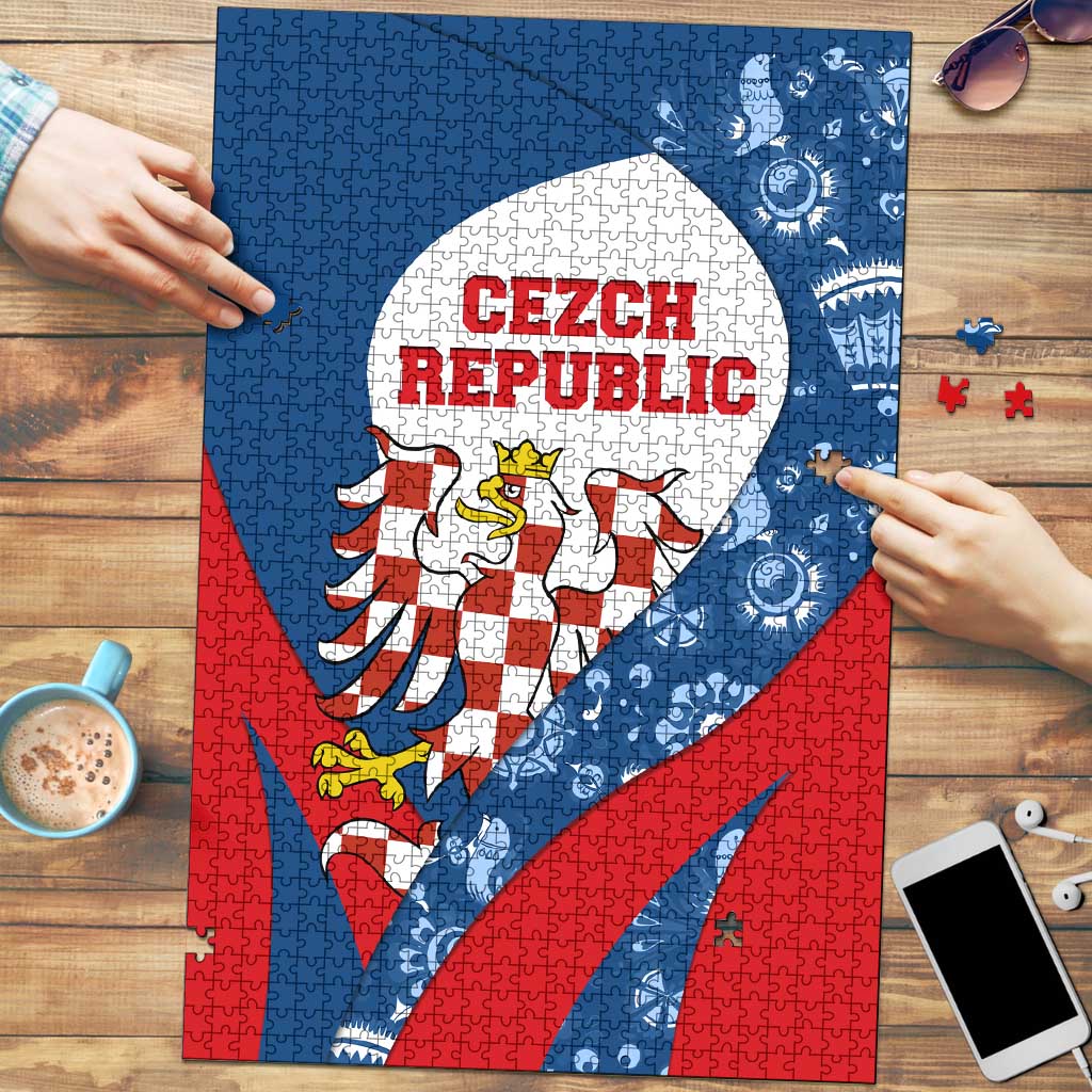 Czech Republic Puzzle with Blue Red Folk Pattern Design and National Lion Emblem - Wonder Print Shop