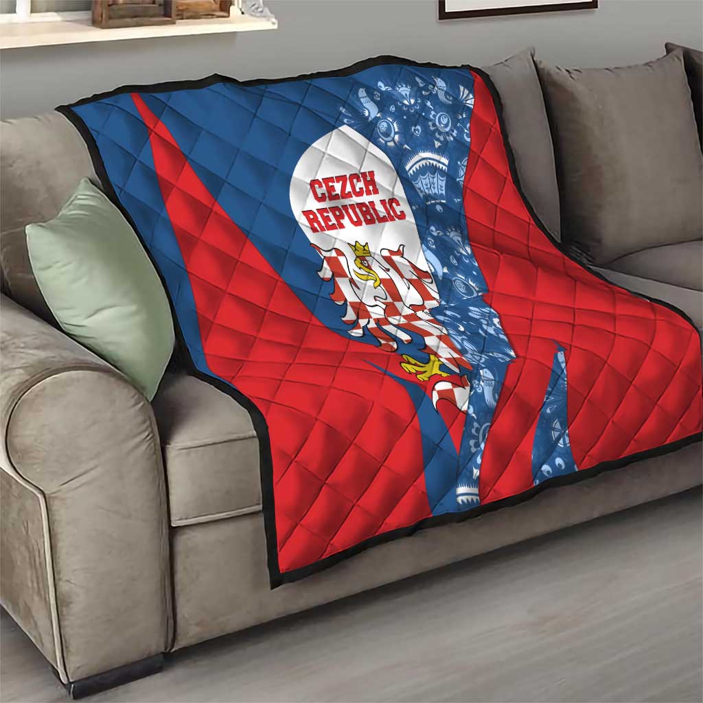 Czech Republic Quilt with Blue Red Folk Pattern Design and National Lion Emblem - Wonder Print Shop