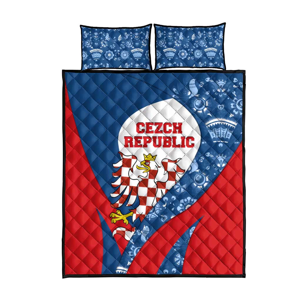 Czech Republic Quilt Bed Set with Blue Red Folk Pattern Design and National Lion Emblem - Wonder Print Shop