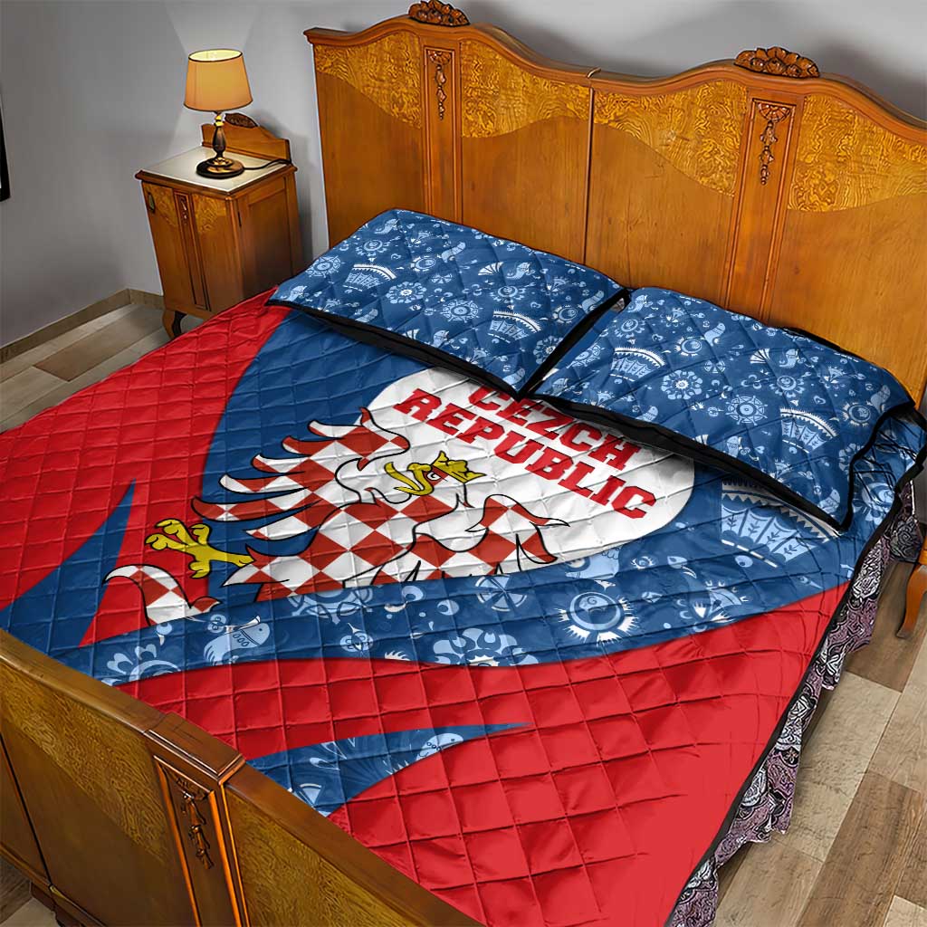 Czech Republic Quilt Bed Set with Blue Red Folk Pattern Design and National Lion Emblem - Wonder Print Shop