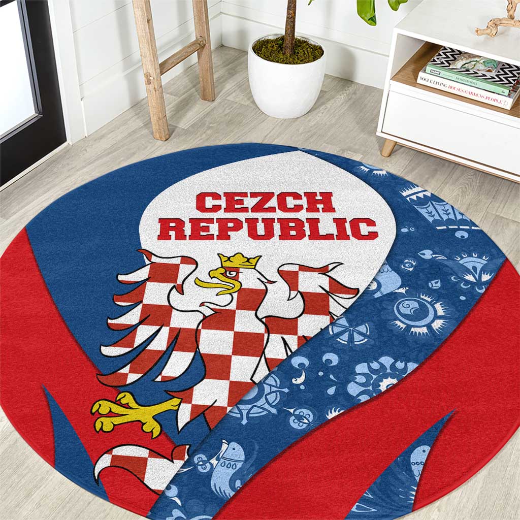 Czech Republic Round Carpet with Blue Red Folk Pattern Design and National Lion Emblem - Wonder Print Shop