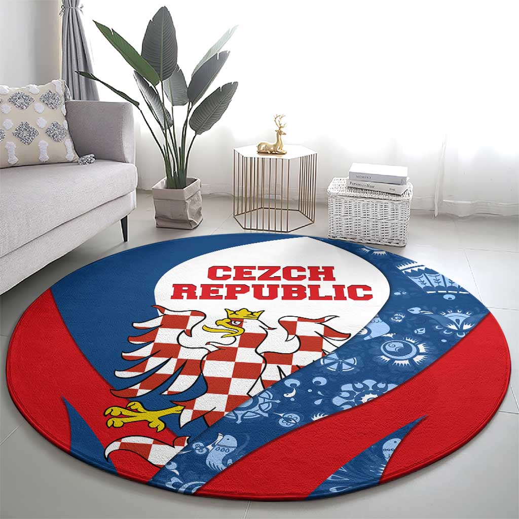 Czech Republic Round Carpet with Blue Red Folk Pattern Design and National Lion Emblem - Wonder Print Shop