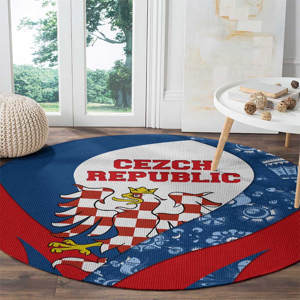 Czech Republic Round Carpet with Blue Red Folk Pattern Design and National Lion Emblem - Wonder Print Shop