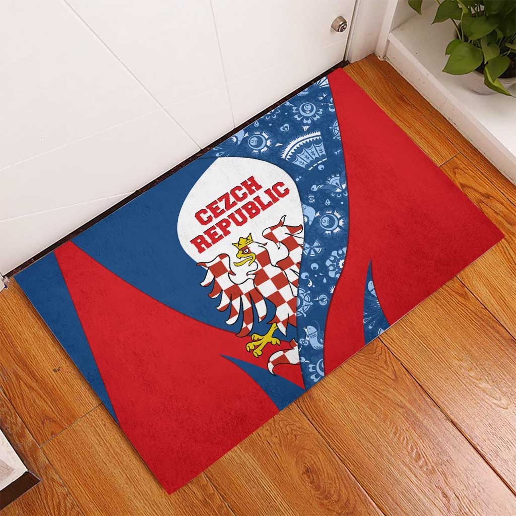 Czech Republic Rubber Doormat with Blue Red Folk Pattern Design and National Lion Emblem - Wonder Print Shop