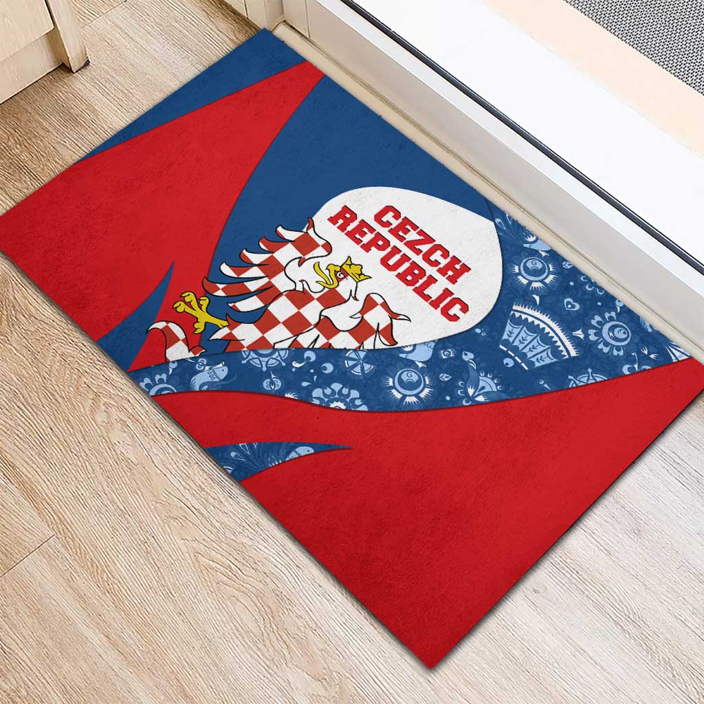 Czech Republic Rubber Doormat with Blue Red Folk Pattern Design and National Lion Emblem - Wonder Print Shop