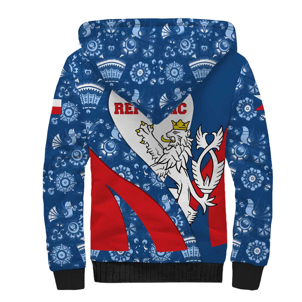 Czech Republic Sherpa Hoodie with Blue Red Folk Pattern Design and National Lion Emblem - Wonder Print Shop