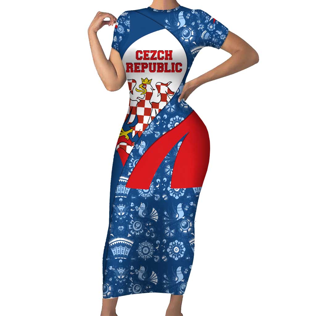 Czech Republic Short Sleeve Bodycon Dress with Blue Red Folk Pattern Design and National Lion Emblem - Wonder Print Shop