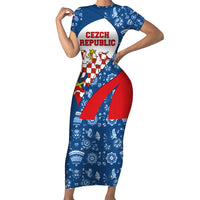 Czech Republic Short Sleeve Bodycon Dress with Blue Red Folk Pattern Design and National Lion Emblem - Wonder Print Shop