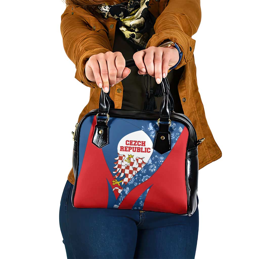 Czech Republic Shoulder Handbag with Blue Red Folk Pattern Design and National Lion Emblem - Wonder Print Shop