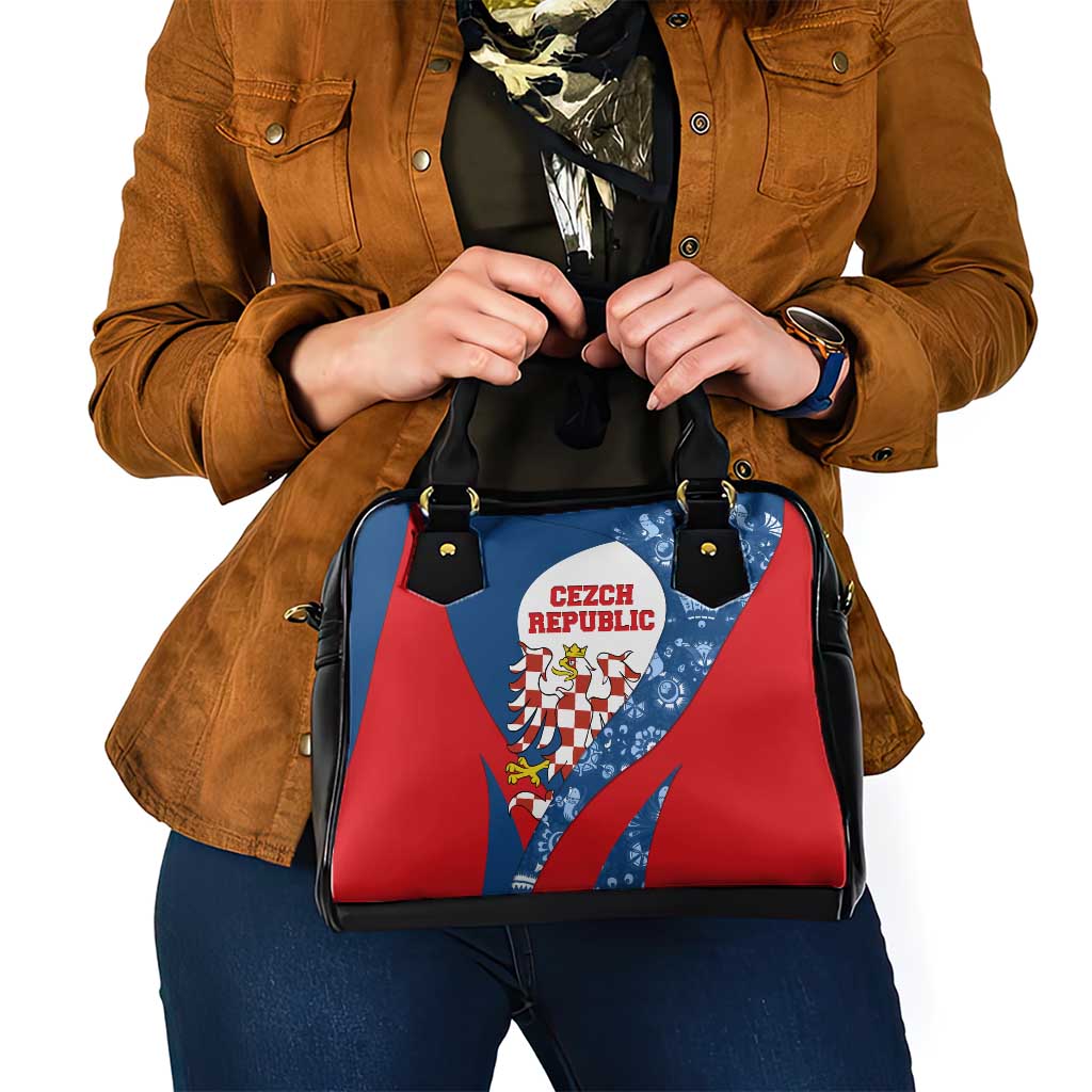 Czech Republic Shoulder Handbag with Blue Red Folk Pattern Design and National Lion Emblem - Wonder Print Shop