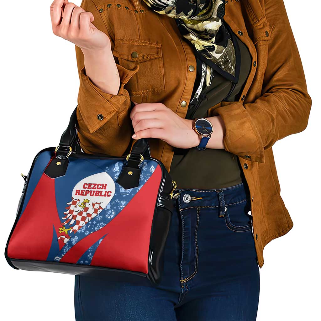 Czech Republic Shoulder Handbag with Blue Red Folk Pattern Design and National Lion Emblem - Wonder Print Shop