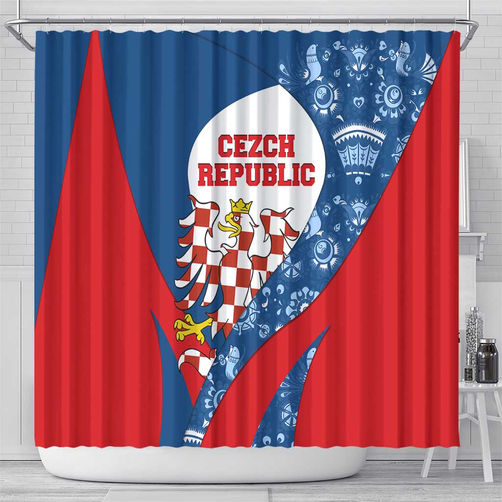 Czech Republic Shower Curtain with Blue Red Folk Pattern Design and National Lion Emblem - Wonder Print Shop