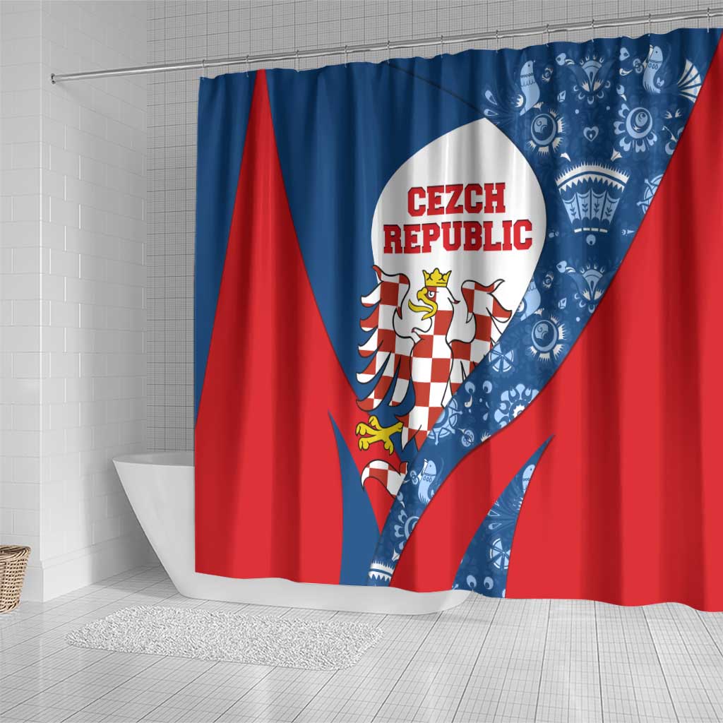 Czech Republic Shower Curtain with Blue Red Folk Pattern Design and National Lion Emblem - Wonder Print Shop