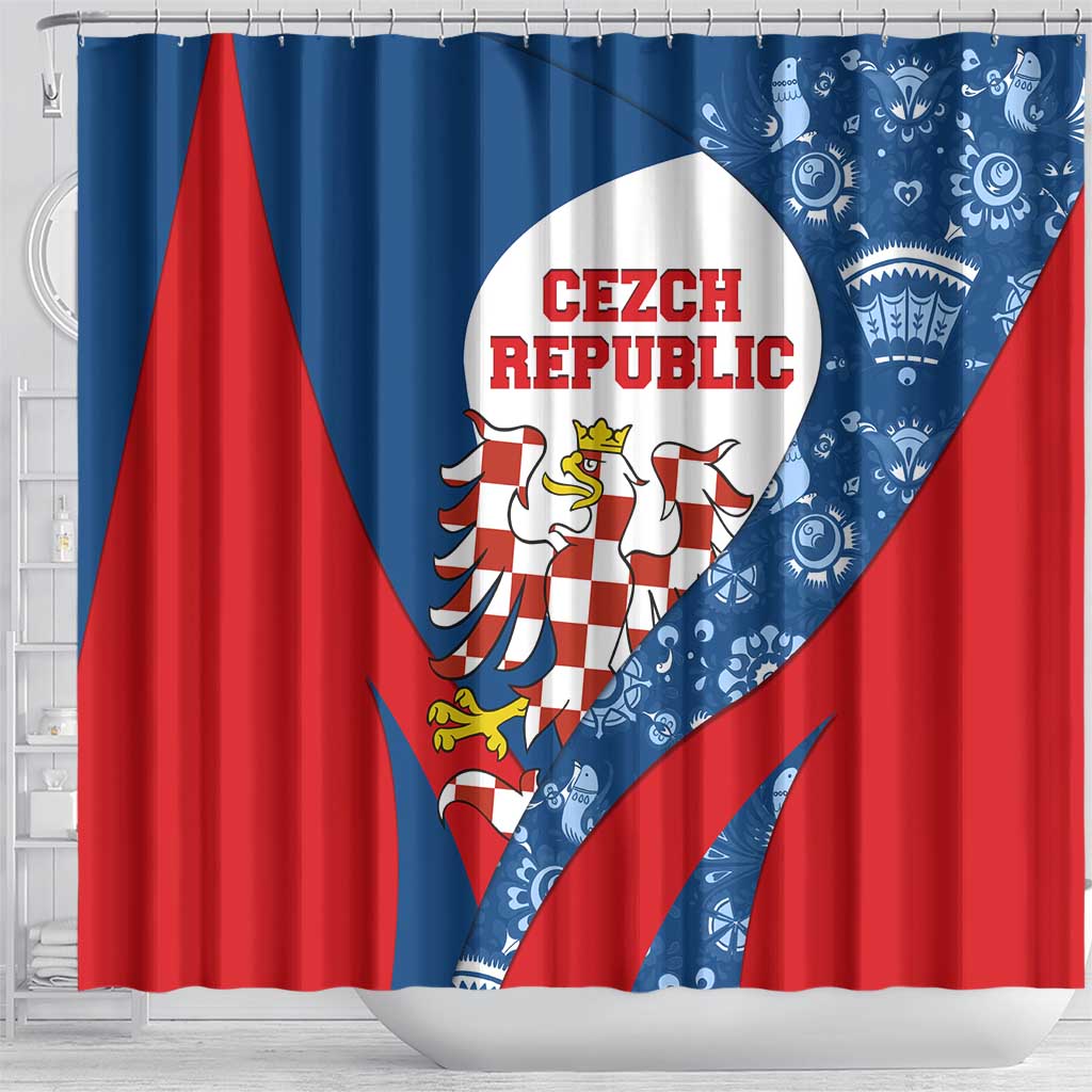 Czech Republic Shower Curtain with Blue Red Folk Pattern Design and National Lion Emblem - Wonder Print Shop