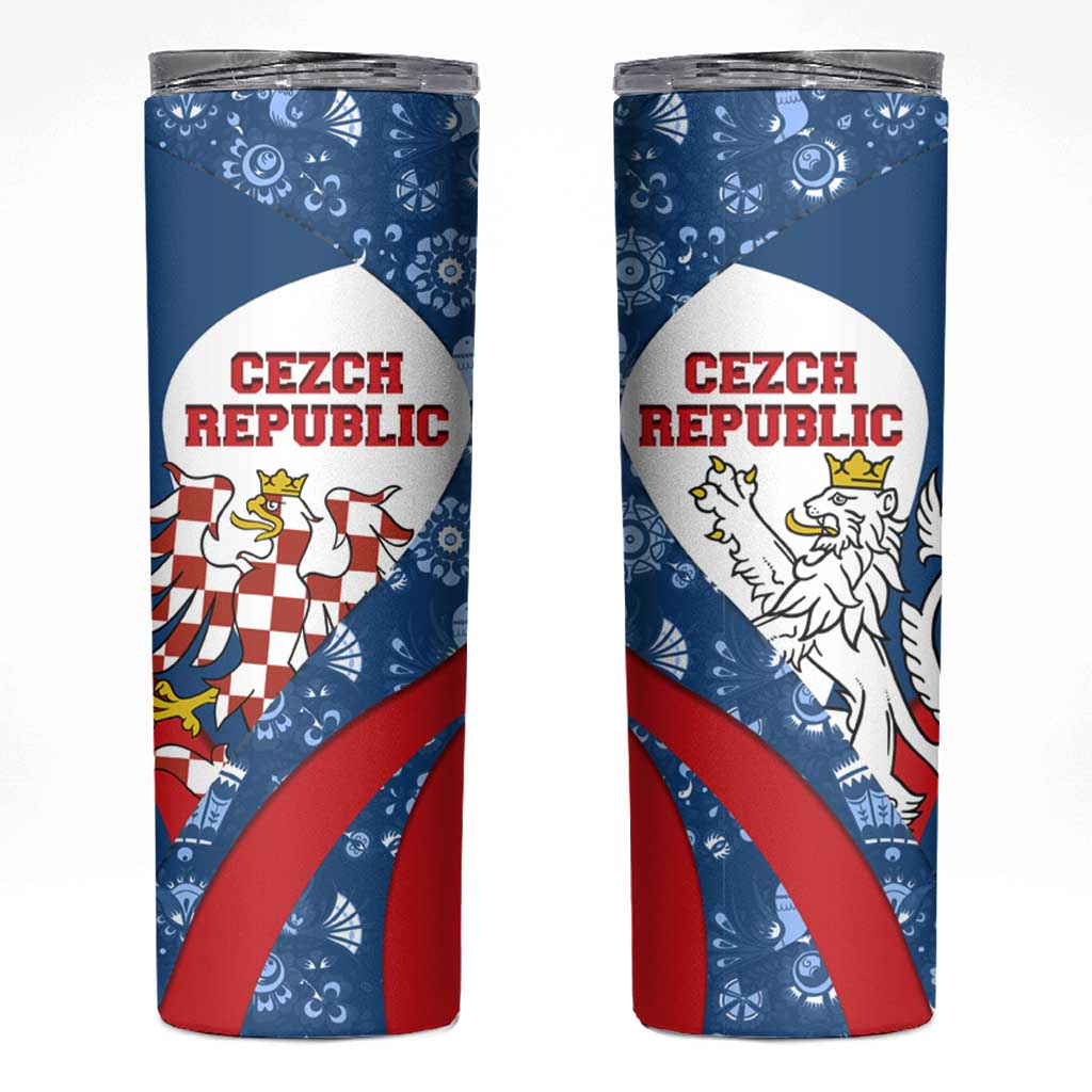 Czech Republic Skinny Tumbler with Blue Red Folk Pattern Design and National Lion Emblem - Wonder Print Shop