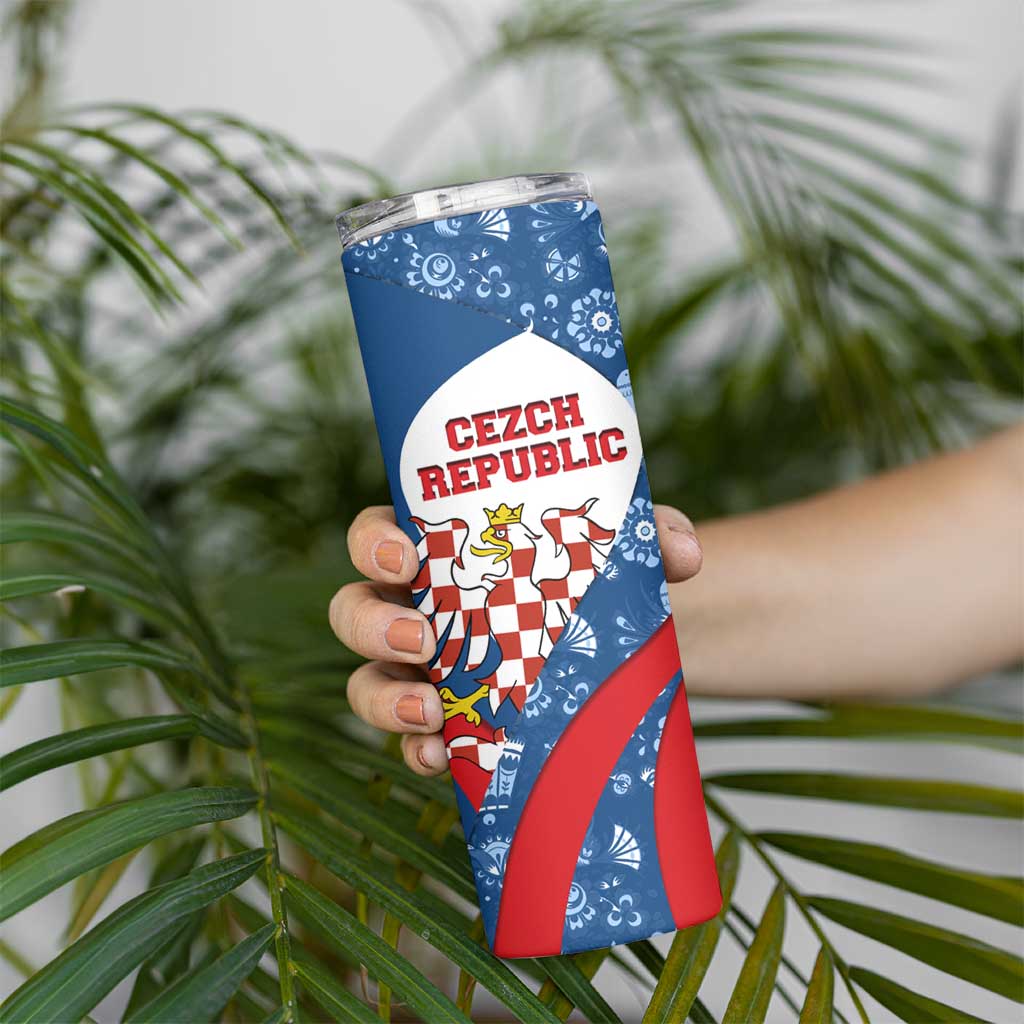 Czech Republic Skinny Tumbler with Blue Red Folk Pattern Design and National Lion Emblem - Wonder Print Shop