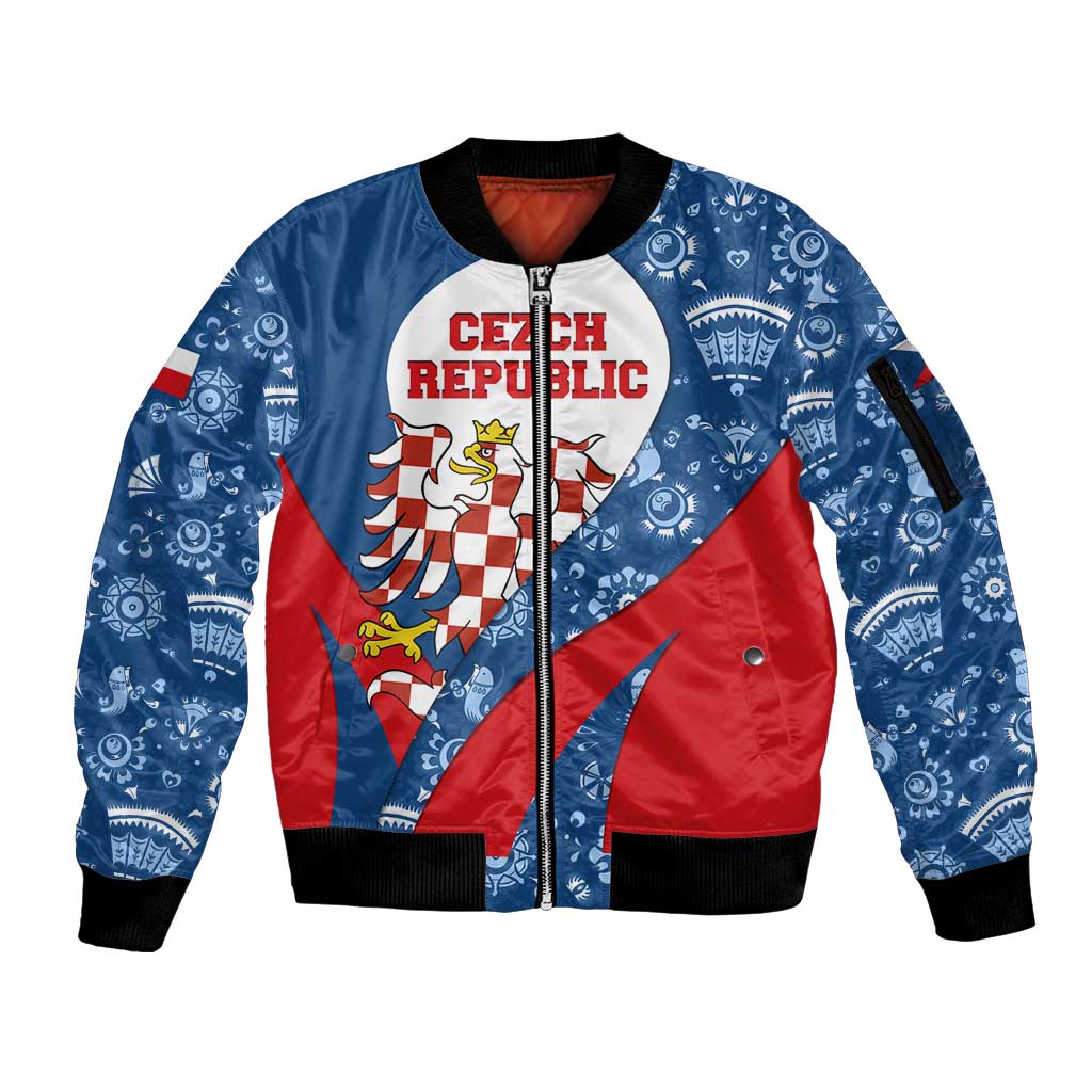 Czech Republic Sleeve Zip Bomber Jacket with Blue Red Folk Pattern Design and National Lion Emblem - Wonder Print Shop