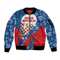 Czech Republic Sleeve Zip Bomber Jacket with Blue Red Folk Pattern Design and National Lion Emblem - Wonder Print Shop
