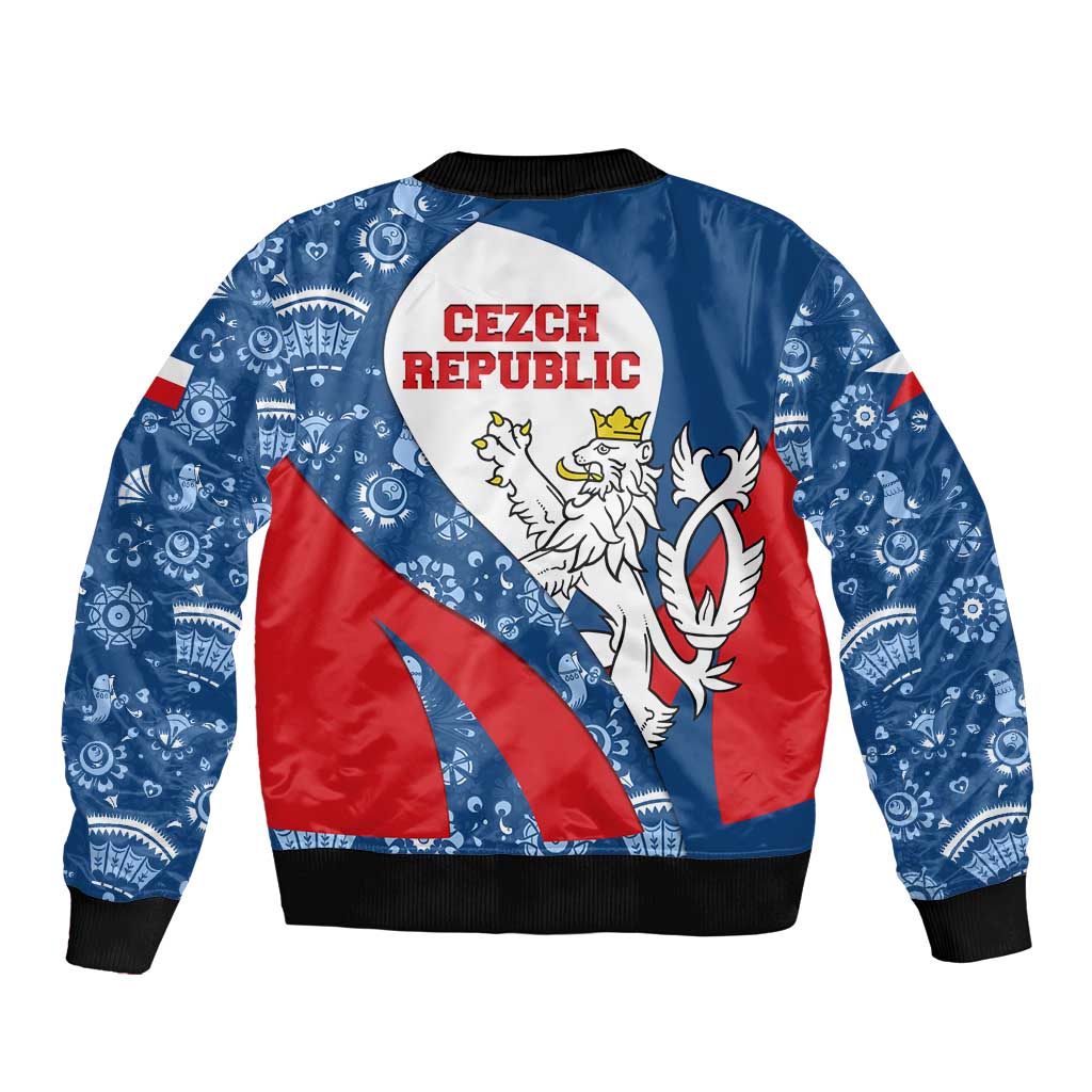 Czech Republic Sleeve Zip Bomber Jacket with Blue Red Folk Pattern Design and National Lion Emblem - Wonder Print Shop
