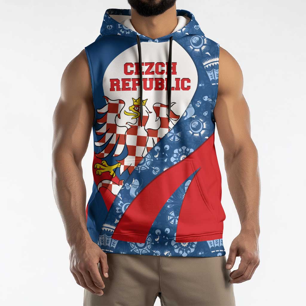 Czech Republic Sleeveless Hoodie with Blue Red Folk Pattern Design and National Lion Emblem - Wonder Print Shop