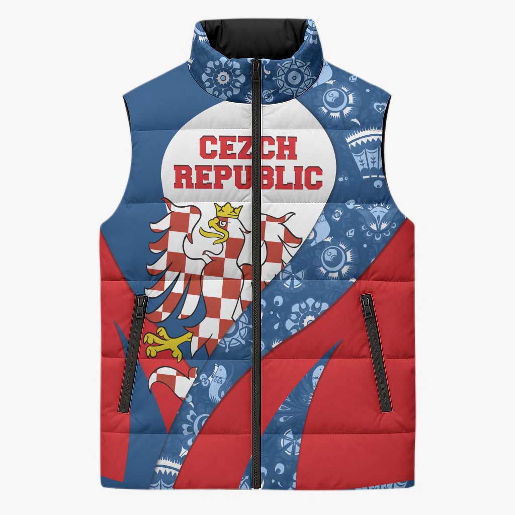 Czech Republic Sleeveless Puffer Jacket with Blue Red Folk Pattern Design and National Lion Emblem - Wonder Print Shop