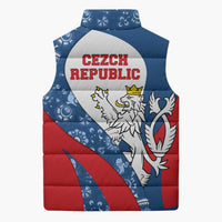 Czech Republic Sleeveless Puffer Jacket with Blue Red Folk Pattern Design and National Lion Emblem - Wonder Print Shop