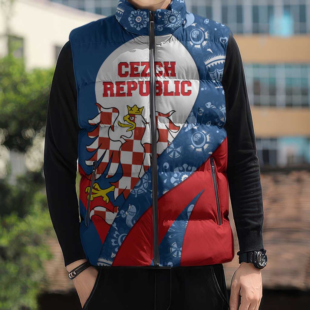 Czech Republic Sleeveless Puffer Jacket with Blue Red Folk Pattern Design and National Lion Emblem - Wonder Print Shop