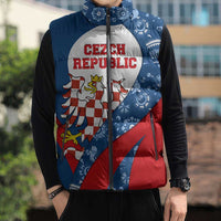 Czech Republic Sleeveless Puffer Jacket with Blue Red Folk Pattern Design and National Lion Emblem - Wonder Print Shop