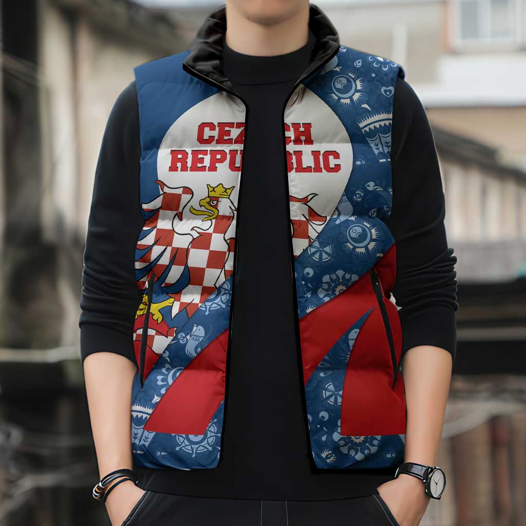 Czech Republic Sleeveless Puffer Jacket with Blue Red Folk Pattern Design and National Lion Emblem - Wonder Print Shop