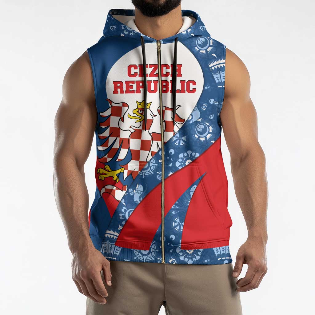Czech Republic Sleeveless Zip Hoodie with Blue Red Folk Pattern Design and National Lion Emblem - Wonder Print Shop