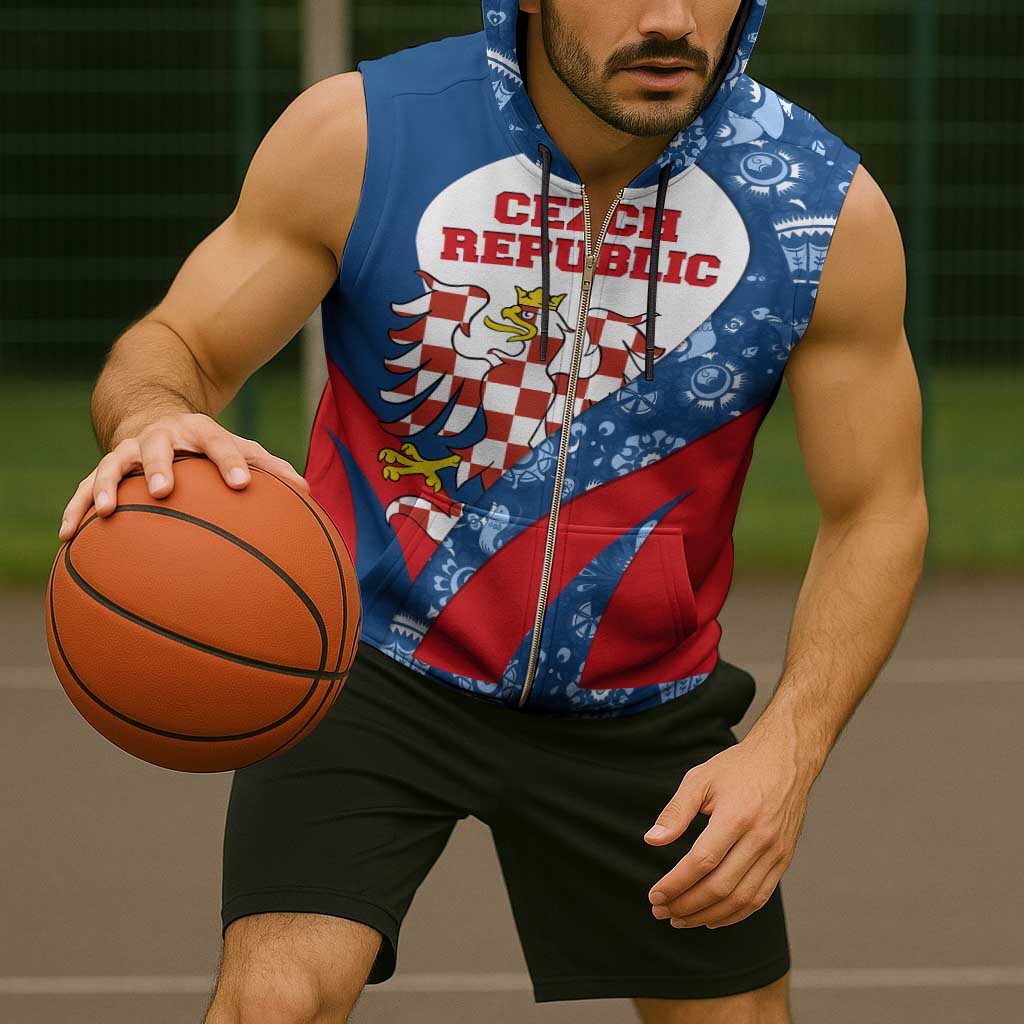 Czech Republic Sleeveless Zip Hoodie with Blue Red Folk Pattern Design and National Lion Emblem - Wonder Print Shop