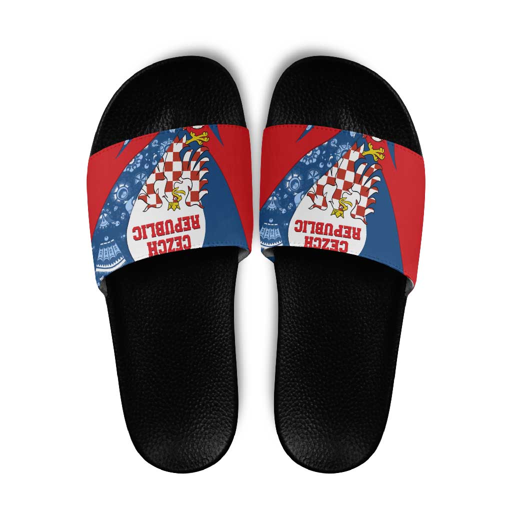 Czech Republic Slide Sandals with Blue Red Folk Pattern Design and National Lion Emblem - Wonder Print Shop