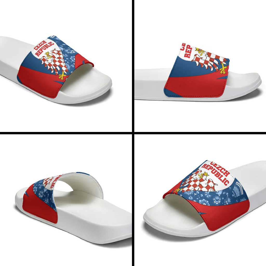 Czech Republic Slide Sandals with Blue Red Folk Pattern Design and National Lion Emblem - Wonder Print Shop