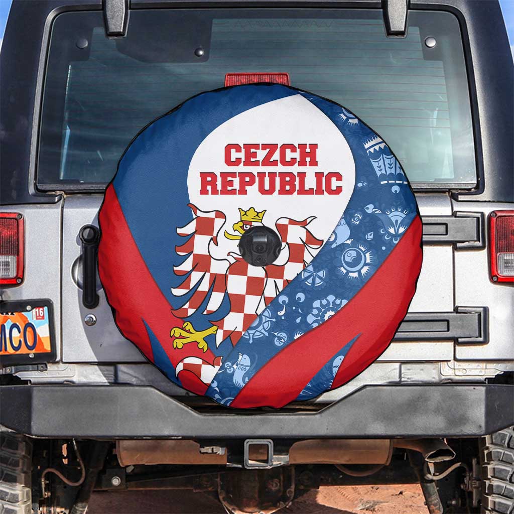 Czech Republic Spare Tire Cover with Blue Red Folk Pattern Design and National Lion Emblem - Wonder Print Shop