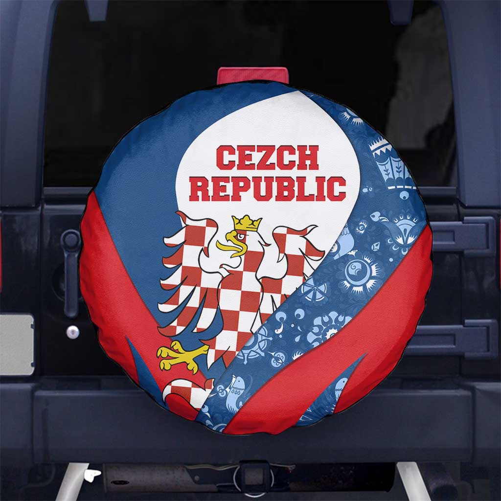 Czech Republic Spare Tire Cover with Blue Red Folk Pattern Design and National Lion Emblem - Wonder Print Shop