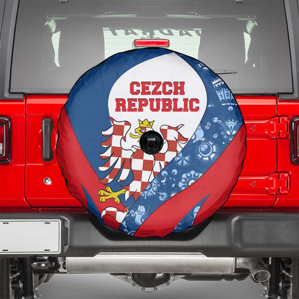 Czech Republic Spare Tire Cover with Blue Red Folk Pattern Design and National Lion Emblem - Wonder Print Shop