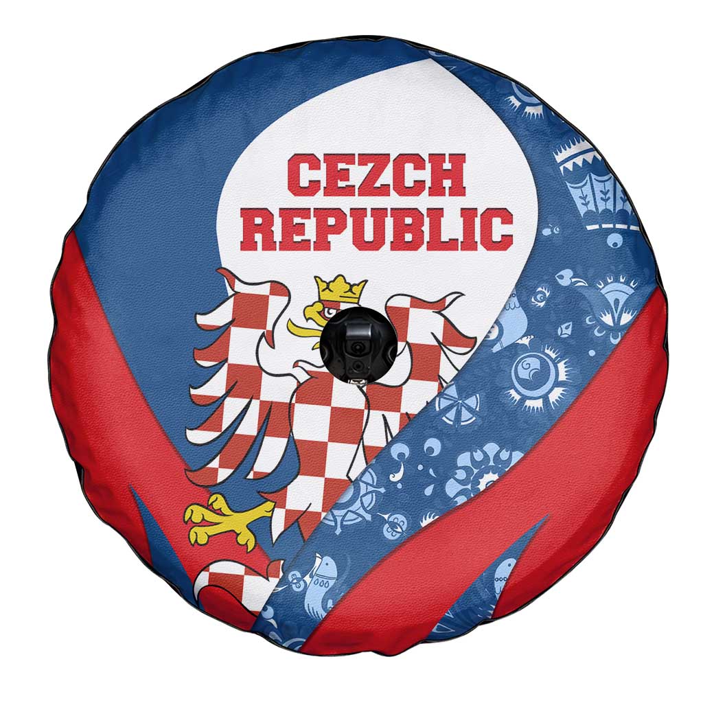 Czech Republic Spare Tire Cover with Blue Red Folk Pattern Design and National Lion Emblem - Wonder Print Shop
