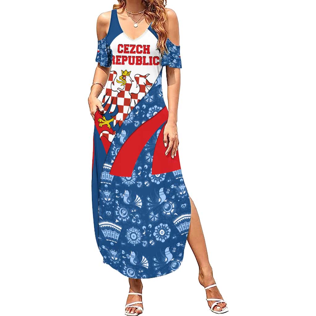 Czech Republic Summer Maxi Dress with Blue Red Folk Pattern Design and National Lion Emblem - Wonder Print Shop