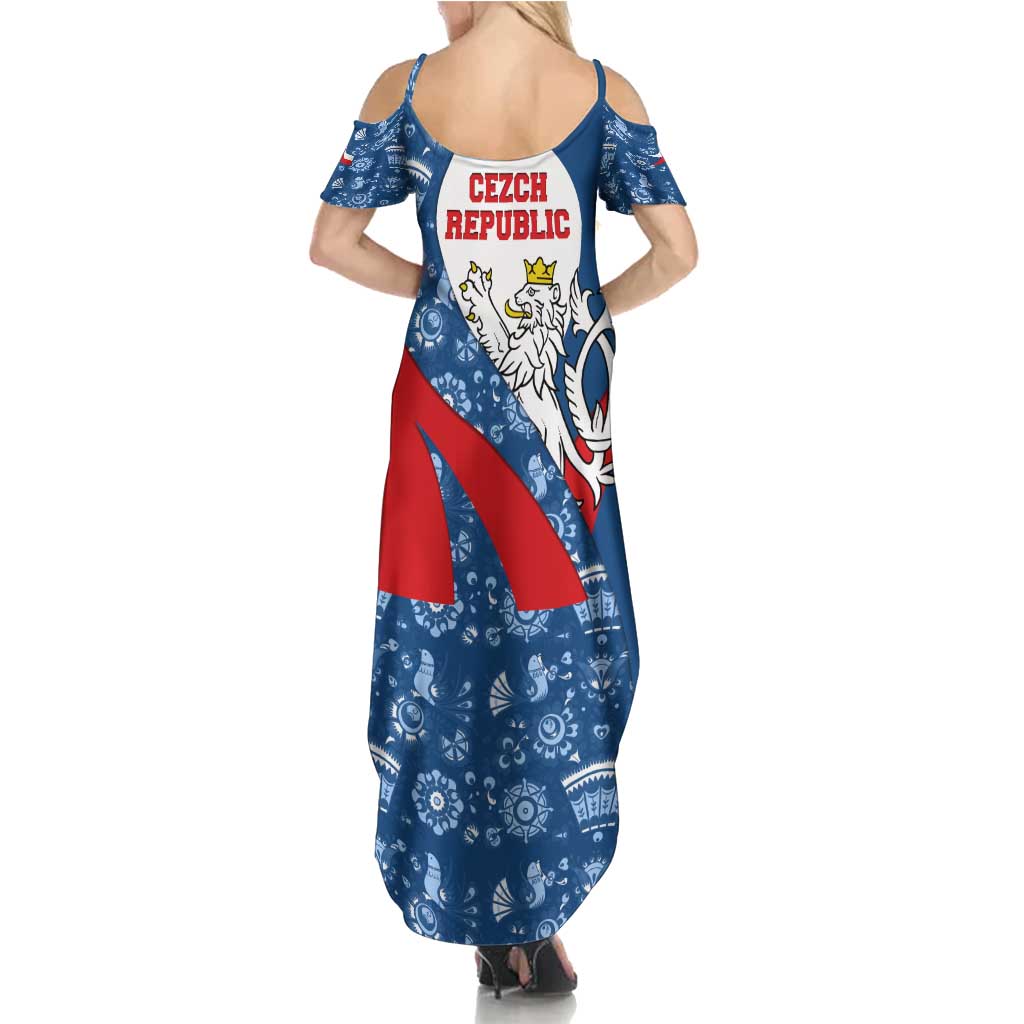 Czech Republic Summer Maxi Dress with Blue Red Folk Pattern Design and National Lion Emblem - Wonder Print Shop