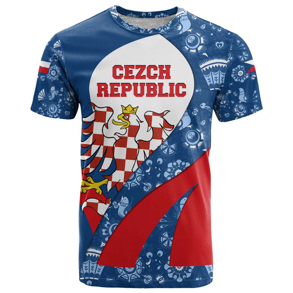 Czech Republic T Shirt with Blue Red Folk Pattern Design and National Lion Emblem - Wonder Print Shop